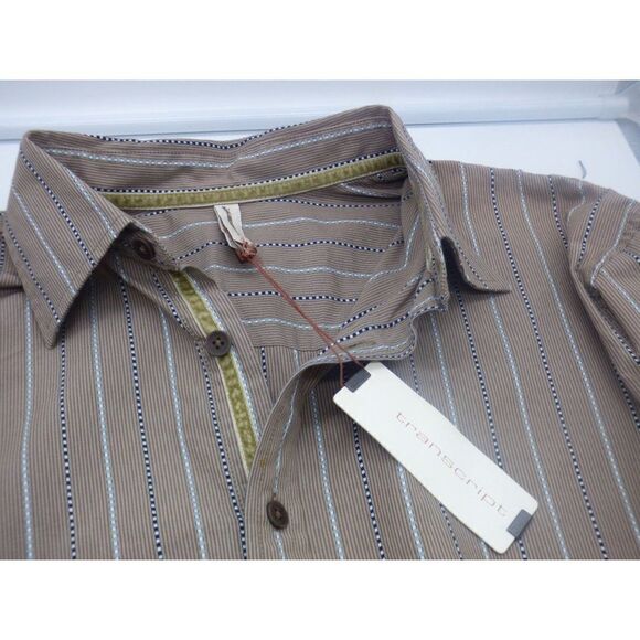 Transcript Men’s Striped Exposed Seam Casual Button Down Shirt, L, Taupe - Picture 7 of 10